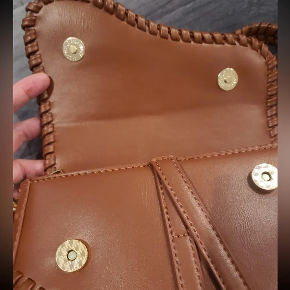 Honey brown saddle bag w/ braided edges crossbody strap, vegan leather lux look